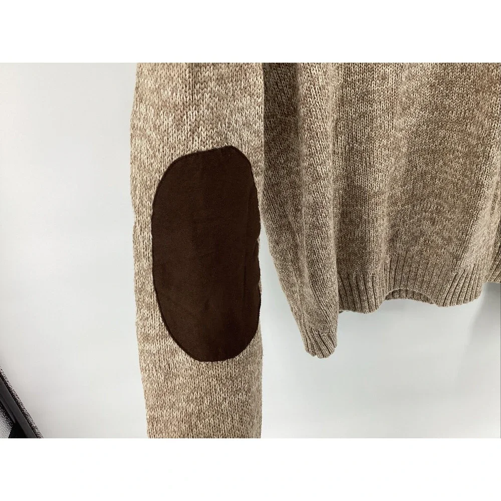 Chaps 1/4-Button Sweater Men's L Light Brown Elbow Patches Embroidered Logo